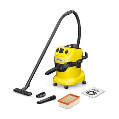 Karcher WD 4 P V-20/5/22 Nass-& Trockensauger, Kunststoffbehälter, Gelb 5 m Kabel, 2,2 m Saugschlauch, mit Gerätesteckdose, Clips-Bodendüse, „Pull & Push“-Verschlusssystem, Gelb