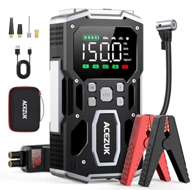 Starthilfe Powerbank mit 26800mAh 8000A Spitzenleistung,150PSI Kompressor, 4-in-1 Powerbank als Auto Starthilfe mit LCD Bildschirm, Tragbare Starter Powerbank mit LED Taschenlampe