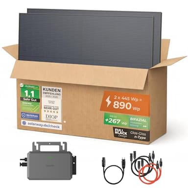 Solarway® Balkonkraftwerk 800W mit 890Wp Solarmodulen – Komplettset mit Hoymiles HiFlow 800 Wechselrichter – 2× 445W bifaziale Black Solarpanels – Mini PV Anlage für Steckdose inkl. Zubehör