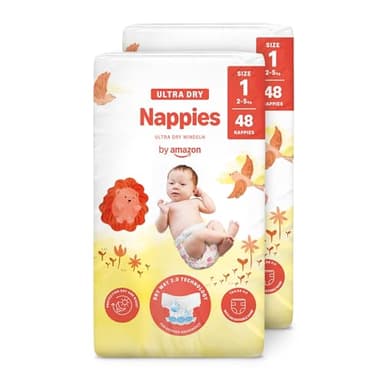 By Amazon Ultra Dry Windeln Größe 1 (2-5 kg) - MONATSBOX, Weiß, 96 Stück (2 Packungen mit 48) (Früher Unter Der Marke Mama Bear, Identisches Produkt)