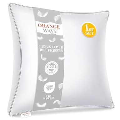 Orange Wave Kopfkissen 80x80 cm Federkissen – 3-Kammer Daunenkissen 80x80, Kissen mit Daunen und Federn, Bettkissen, RDS & ÖKO-TEX, doppelte Kombination aus Weichheit und Stützkraft