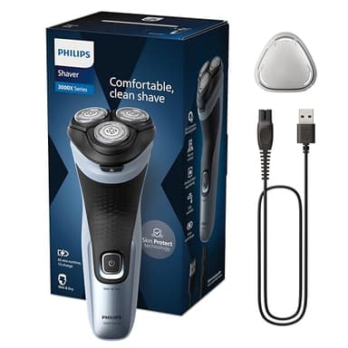 Philips Shaver Series 3000X – Elektrischer Rasierer für Herren, Nass- und Trockenrasur, Himmelblau, mit SkinProtect-Technologie, ausklappbarem Bartschneider und ergonomischem Griff (Modell X3053/00)