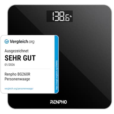 RENPHO Personenwaage, Körperwaage mit Hochpräzisions-Sensoren, Personen Digitalwaage mit Step-On-Technik, Gewichtswaage aus Sicherheitsglas, 10.2" x 10.2", Schwarz-BK