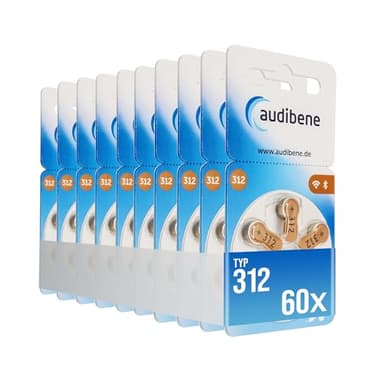 audibene Hörgerätebatterien Typ 312 braun, Batterien für Hörgeräte 60 Stück Vorratspack, Made in Germany, inkl. GRATIS Reinigungstuch, Wireless Approved, quecksilberfrei