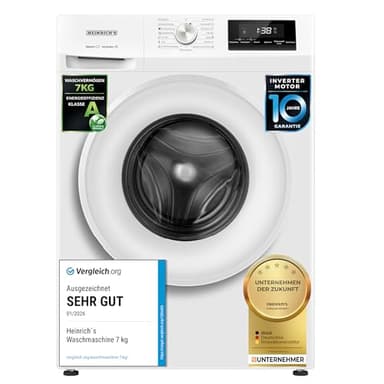 Heinrich´s Waschmaschine, 7kg, 15 Programme, 1400 U/min., Aqua-Stop, LED-Display, inkl. Timer, mit Kindersicherung, langlebiger Inverter Motor, Energieeffizienzklasse A, weiß
