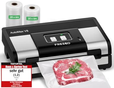 FRESKO Vakuumiergerät Automatik | Vakuumiergerät Testsieger (Note 1,2), 18L/min Turbo-Saugkraft, 1-Knopf-Bedienung, inkl. 2 Beutelrollen