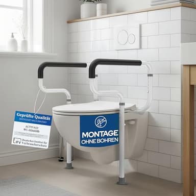 ACTIVAID® - Aufstehhilfe Toilette ohne bohren, WC Haltegriff, Toiletten Aufstehhilfe für Senioren, Toilettenstützgestell höhenverstellbar, Toilettensitzerhöhung mit Armlehnen, Senioren WC - weiß