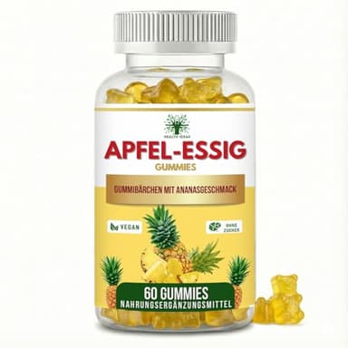 Apfelessig Gummies 1000mg – Zuckerfrei Apple Cider Vinegar Gummibärchen mit Vitamin C, Vitamin B12 & Rote Beete – Vegan & Halal – Ananasgeschmack – 60 Stück