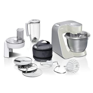 Bosch Küchenmaschine Serie 4, Edelstahl-Schüssel 3,9 L, Knethaken, Schlag- und Rührbesen Edelstahl, spülmaschinenfest, Mixer 1,25 L, Durchlaufschnitzler, 3 Scheiben, 1000 W, grau, MUM58L20
