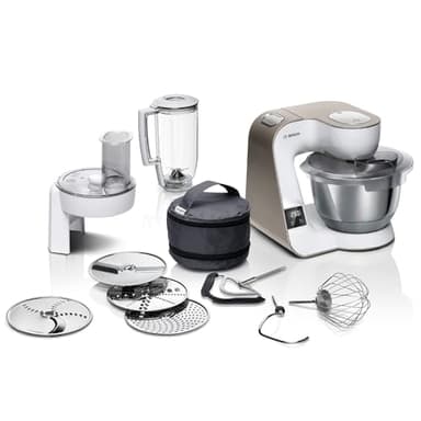 Bosch Küchenmaschine Serie 4, integrierte Waage, Mixer 1,25 L, Edelstahl-Schüssel 3,9 L, Profi-Knethaken, Schnee-, Silikonbesen, Durchlaufschnitzler, 4 Scheiben, 1000 W, weiß, MUM5XW20