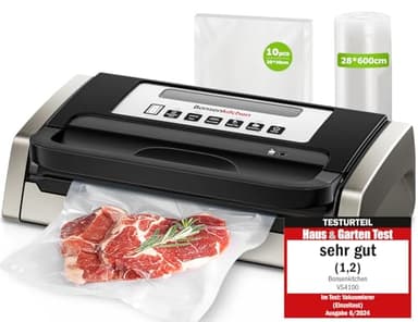 Bonsenkitchen Vakuumiergerät, Vakuumierer-15L/Min Hochleistung, Testsieger Sehr Gut, Nachhaltigkeitszertifizierung, Design mit Griffverriegelung und Integrierter Schneider, Schwarz