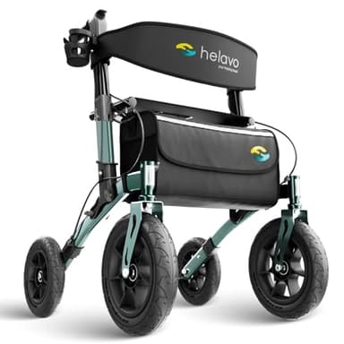 Helavo Outdoor-Rollator mit Luftbereifung - Faltbarer Rollator mit Sitz & Lehne für Draußen - Komfortable & stoßdämpfende 12"/10" große Räder - Gehhilfe für Waldwege, Gras & Strand
