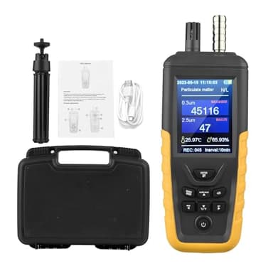 Feinstaubmessgerät Partikelmessgerät, CO2 Messgerät PM0.3/2.5/10um Partikelmonitor, Hochempfindlicher 3-Kanal 0~1000μg/m³USB Wiederaufladbarer Temperatur- und Luftfeuchtigkeitsmonitor