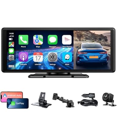 CGSGDK 10,26 Zoll CarPlay Display, Tragbarer Car Multimedia Player mit Apple CarPlay & Android Auto, Rückfahrkamera 1080P, IPS Touchscreen, Sprachsteuerung, GPS Navigation, BT/FM/AUX/Mirror Link