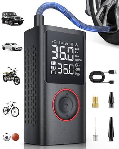 Powools Kabelloser Elektrische Luftpumpe, 150PSI Akku Kompressor Fahrradpumpe mit LED-Licht & Auto-Stopp, Wiederaufladbare Reifenpumpe für E-Bike, Auto, Motorrad, Bälle, Schwarz, Standard Capacity