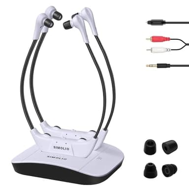 SIMOLIO Dual 2.4GHz Digitale TV Hörsystem, Kabelloser Kopfhörer für Fernseher & Musikanlagen mit ErsatzAkku, Funkkopfhörer für Senioren, Kinnkopfhörer, Optisch, RCA, AUX, TV Hörverstärker SM-824D2