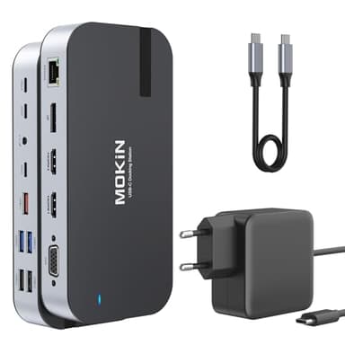 Laptop Docking Station mit 65W Netzteil,MOKiN 16 in 1 Docking Station USB C Dock mit Dual Monitor Display mit 4K 2 HDMI, DP, VGA, 5 USB Ports, RJ45, SD/TF, 100W PD, Audio für Dell Surface HP Lenovo