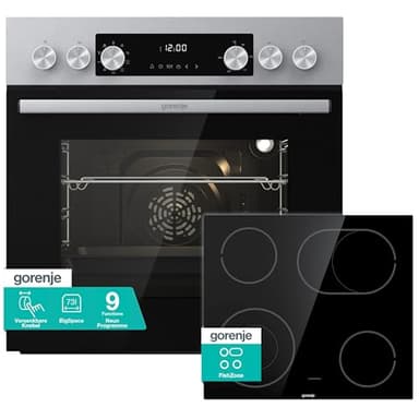 Gorenje Einbau-Herd-Set Inox Air Set mit Glaskeramik-Kochfeld, Heißluft, 73L, 250° max. Ofentemperatur, MultiAir Technologie, 9 Funktionen, Bräterzone, Mininmale Einbaunische (HxBxT): 60x56x58cm