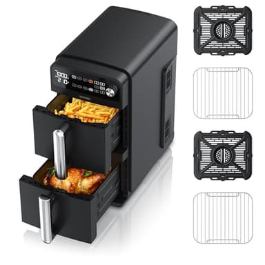 Arendo - Heißluftfritteuse XXL Dual Zone 2 Kammern – 11 Liter – 2400 W – 2 Zonen – 3in1 Airfryer Doppelkammer – 8 Sensortasten – PFAS BPA-frei - 2 Grillroste – 3D Umluftsystem - Doppelstöckig