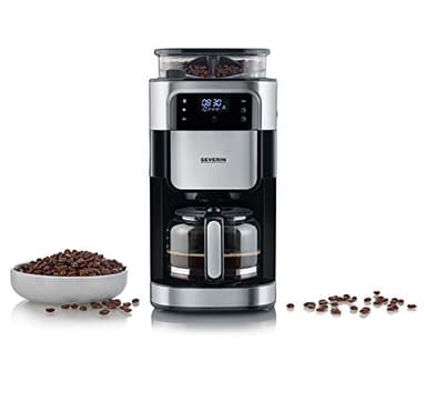 Severin Kaffeemaschine mit Mahlwerk, Kaffeeautomat mit Glaskanne und Timer-Funktion, auch als Filterkaffeemaschine, für bis zu 10 Tassen Kaffee, 1000 Watt, schwarz, Edelstahl, KA 4813