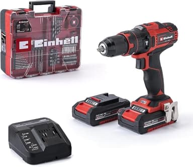 Einhell Akku Schlagbohrschrauber-Set TE-CD 18/40 Li-i plus 64 Power X-Change (Li-Ion, Drehzahl-Elektronik, 2-Gang-Getriebe, Max. 24.000 Min-1, Ladegerät und Zubehör), Schwarz, Rot, 18 V, 40 Nm