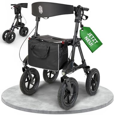 Rollator mit Luftbereifung (30 cm) bequemem Sitz und Lehne - robust leicht und faltbar. Der ideale Geländerollator für draußen in Titanschwarz