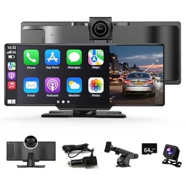 11 Zoll Wireless Carplay Display Für A-ppIe CarPlay und Android Auto mit 4K Dashcam 1080P Rückfahrkamera,Android Display IPS Touchscreen mit AUX/FM,64G TF,Split Screen,Mirror Link,Bluetooth