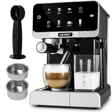 YOER Kaffeevollautomat mit automatischer Milchsystem, 8 automatische Programme, Touchscreen, 20 bar, 1350W, Kaffeemaschine für Espresso, Cappuccino & Latte Macchiato, Creamo EMF03BK, schwarz