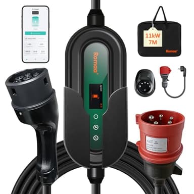 Mobile Wallbox 11kW mit App, [3-Phasig, 7m, 8-16A] Einstellbarer Ladegerät mit FI Schutzschalter, CEE 16A auf Typ 2 Ladekabel, Tragbare EV Charger mit Schuko Adapter, IP66 Wandmontage Ladestation