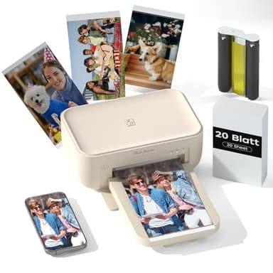 HPRT Fotodrucker 10x15, Mobiler Fotodrucker für Smartphone mit 20 Fotoblättern & 1 Farbband, Mini Photo Printer Ideal für Reisen, Zuhause & als Geschenk, Beige