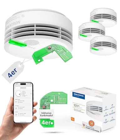 Hekatron Genius Plus X – Rauchmelder vernetzt 10 Jahre Batterie – mit Funkmodul Basis X – Testsieger Stiftung Warentest – made in Germany – Funkrauchmelder Set – mehrsprachig – 4 Stück