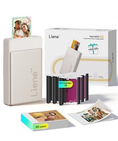 Liene Pearl N200 Pro Tragbarer Mini Fotodrucker mit Farbsublimation – Inkl. 50 selbstklebende Fotos (5x7,6 cm) & 5 Farbbänder, Bluetooth, 300 dpi, Sofortbilddrucker für iPhone & Android, Akku, in Gold