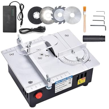 Mini Tischkreissäge, 7-Gang-Netzteil Einstellbarer Präzisions Table Saw mit 4 Klingen, 96W Tischkreissägen Tragbare 0,1-15mm Sägeblatt Höhenverstellbarer und Sicherheitsklappe für Holzbearbeitung