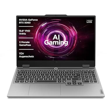 Lenovo LOQ Gaming AI Laptop | 15.6" Full HD 144Hz LCD Display |NVIDIA GeForce RTX 5060 | AMD Ryzen 7 250 | 16GB RAM | 1TB SSD | Win11 | QWERTZ | Luna Grau | Weiss beleuchtet | 3 Monate GamePass