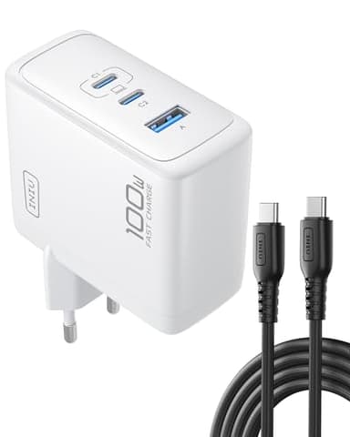 INIU USB C Ladegerät, 100W 3-Port Laptop Schnellladegerät mit USB C Kabel, GaN Mehrfach Netzteil für MacBook Air Pro, iPad, iPhone 17 16 15 Pro Max, Samsung Galaxy S25 S24 Ultra, Pixel, Switch 2 etc