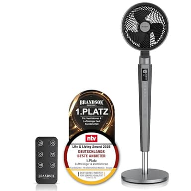 Brandson - 3D Standventilator mit ECO DC Motor – sehr leise – Sieger Live & Living Award 2026-60% Energieeinsparung – Ventilator mit 24 Geschwindigkeiten – horizontale und vertikale Oszillation