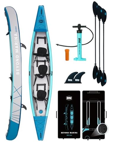 BEYOND MARINA aufblasbares Kajak für 3 Personen, Drop-Stitch Tandem Kayak Set für Erwachsene mit Paddeln, Sitzen, Pumpe, Finne & Tragetasche, robust & vielseitig, 460x81x55 cm