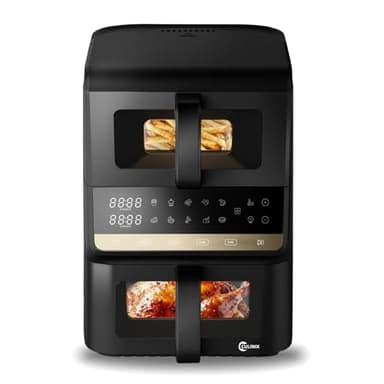 Heißluftfritteuse 2 Kammern, Airfryer 10L mit Sichtfenster & Innenbeleuchtung, Air fryer vertikale Doppelkammer für platzsparendes Familienkochen, SYNC-Funktion, 80–200°C, 3.5L+6.5L 10-in-1