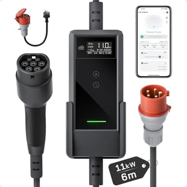dé Mobile Wallbox – Ladestation 11kW mit APP 6m [1,5m+4,5m, 13-phasig, 6-16A] Ladekabel CEE 16A auf Typ 2 mit Einstellbarer Ladeleistung EV Charger Wallbox 11kw für Model Y/3 e-tron und BEV/PHEV