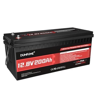 Dumfume 12V 200Ah LiFePO4 Lithium Batterie, 2560Wh Kapazität mit 200A BMS 15000+ Zyklen, 10 Jahre Lebensdauer für Wohnmobile, Solaranlagen, Camping & Netzunabhängige Anwendungen