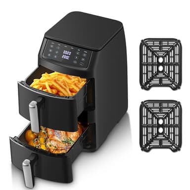 TopStrong Heißluftfritteuse, Airfryer 2 Kammern Vertikale 11L, Double Stack Heißluftfritteuse Doppelkammer, Platzsparendes Design, 6 Funktionen & 8 Rezepte, Spülmaschinenfest, Energiesparend, 2500W