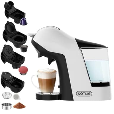 KOTLIE 5-in-1 Kaffeemaschine – Multi-Kapsel und Pulver, 3 Temp., 7 Wasserstufen,1L Wassertank (EM-308B) weiß