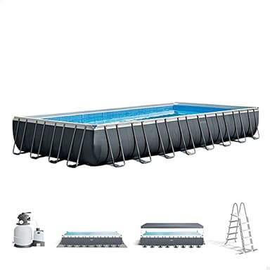 Intex 26374NP – Aufstellpool Ultra XTR Frame Rechteckig, Filterpumpe 10500 L/h, Leiter, Bodenplane und Abdeckplane, 54368 L, Stahl und PVC, Grau, 975x488x132 cm