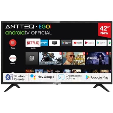 Antteq AG42F3 Smart TV 42 Zoll Bluetooth (Fernseher 106cm) Full HD Andriod TV HDR10, Google Assistance, Triple Tuner (DVB-C/S2/-T2), Google Play Store (DAZN/Disney+/Netflix/Prime Video)