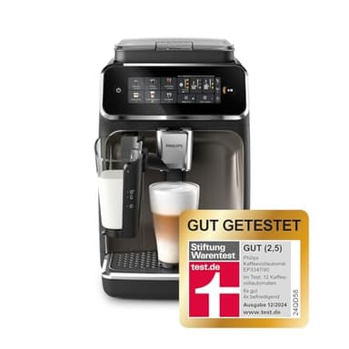 Philips 3300 Series Kaffeevollautomat - 6 Getränke, Modernes Farb-Touchscreen-Display, LatteGo-Milchsystem, SilentBrew, 100% Keramikmahlwerk, AquaClean Filter, Schwarzchrom (EP3347/90)
