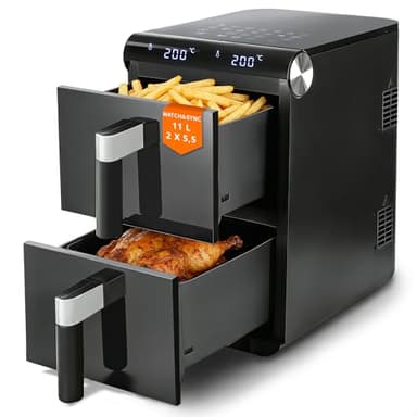 Citybee 11L XXL Heißluftfritteuse 2 Kammern, Dual-Zone Doppelkammer Turm-Airfryer mit SYNC/MATCH, 2800W Touch, 13 Programme, 50–200°C, Timer 1–60 Min, spülmaschinenfeste Antihaft-Körbe, Schwarz