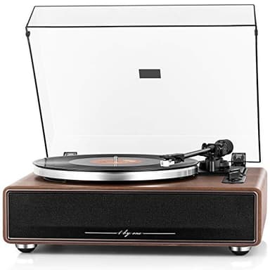 1 BY ONE Plattenspieler mit Integrierten Lautsprechern Bluetooth 33/45 U/min Riemenantrieb MM Vinyl Record Player mit Auto-Stopp Funktion Phono-Vorverstärker