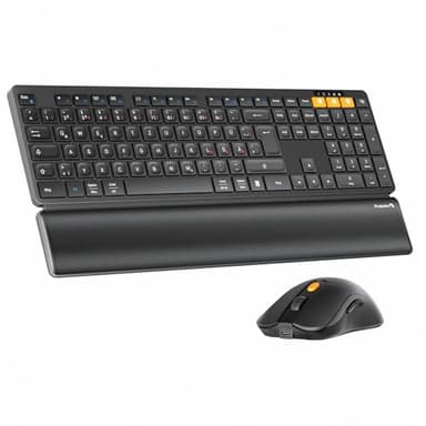 ProtoArc Kabellos Bluetooth Tastatur Maus Set, KM60 Full-Size Tastatur und Maus mit Handballenauflage, 2.4GHz + Dual Bluetooth, Wiederaufladbar, QWERTZ Deutsch, für PC, Computer, Mac, Windows, Schwarz