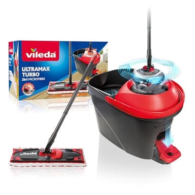 Vileda Ultramax Turbo 2in1 Bodenwischer Komplett Set | Wischmopp-System mit Teleskopstiel (75–130 cm), Mikrofaserbezug & Eimer mit Powerschleuder | Für Fliesen, Laminat & Parkett | Eco-Verpackung