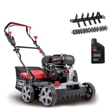 Scheppach Benzin Vertikutierer SC50VARIO Rasenlüfter inkl. Öl | Arbeitsbreite 40cm | 4-Takt Motor mit 4 kW / 5,5 PS Leistung | Geeignet für 1500m² | Arbeitshöhe 0-15mm | 45L Fangsack | Moosentferner